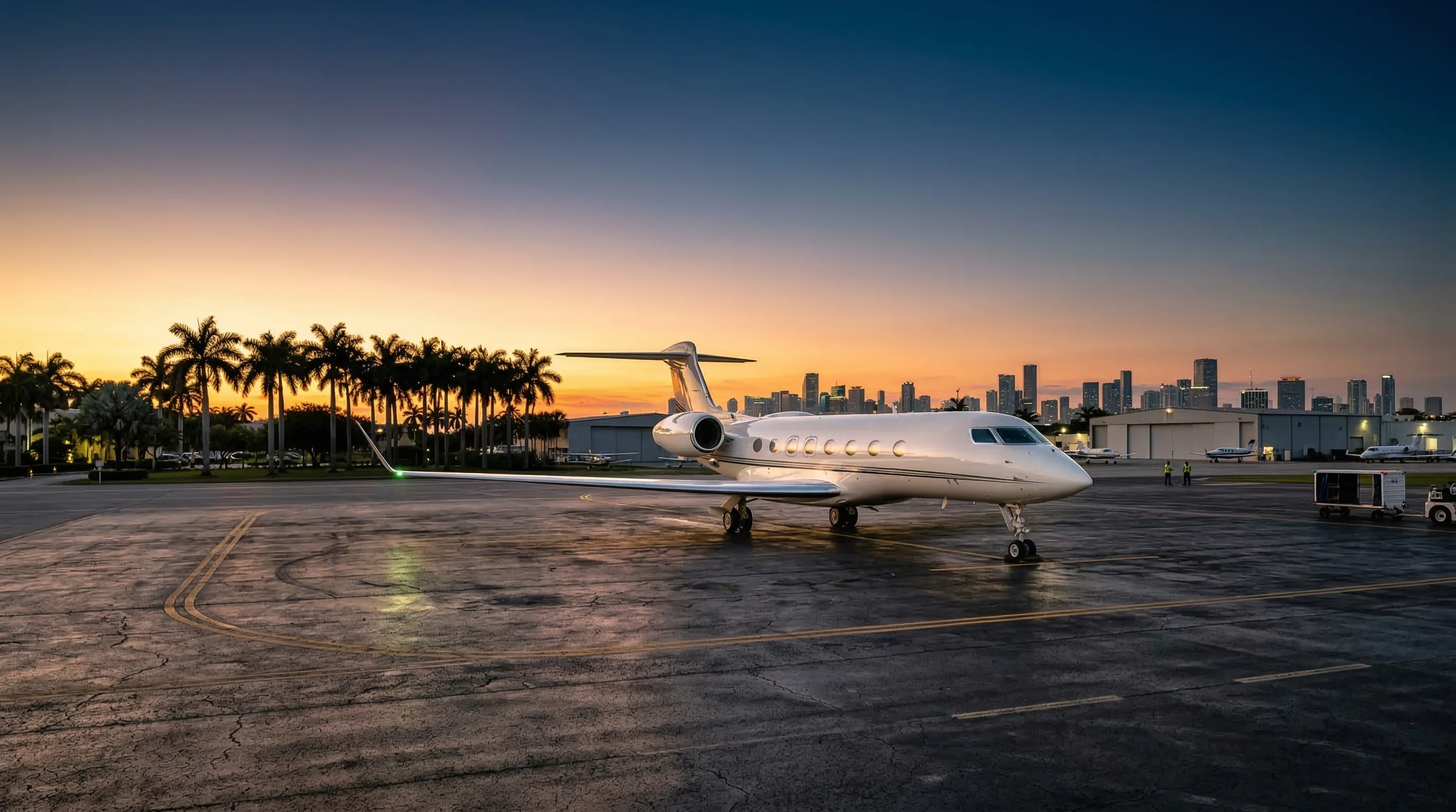 Private jet on tarmac at sunset in Miami