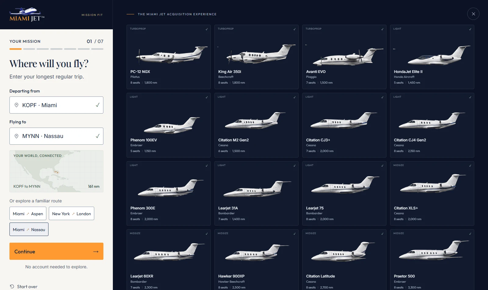 Mission Fit preview showing a Miami to Nassau route alongside the aircraft collection.